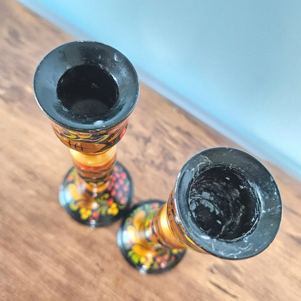 Vtg Russian Khokhloma Hand Painted Wood Candle Holders Sticks Set 2 Black Gold